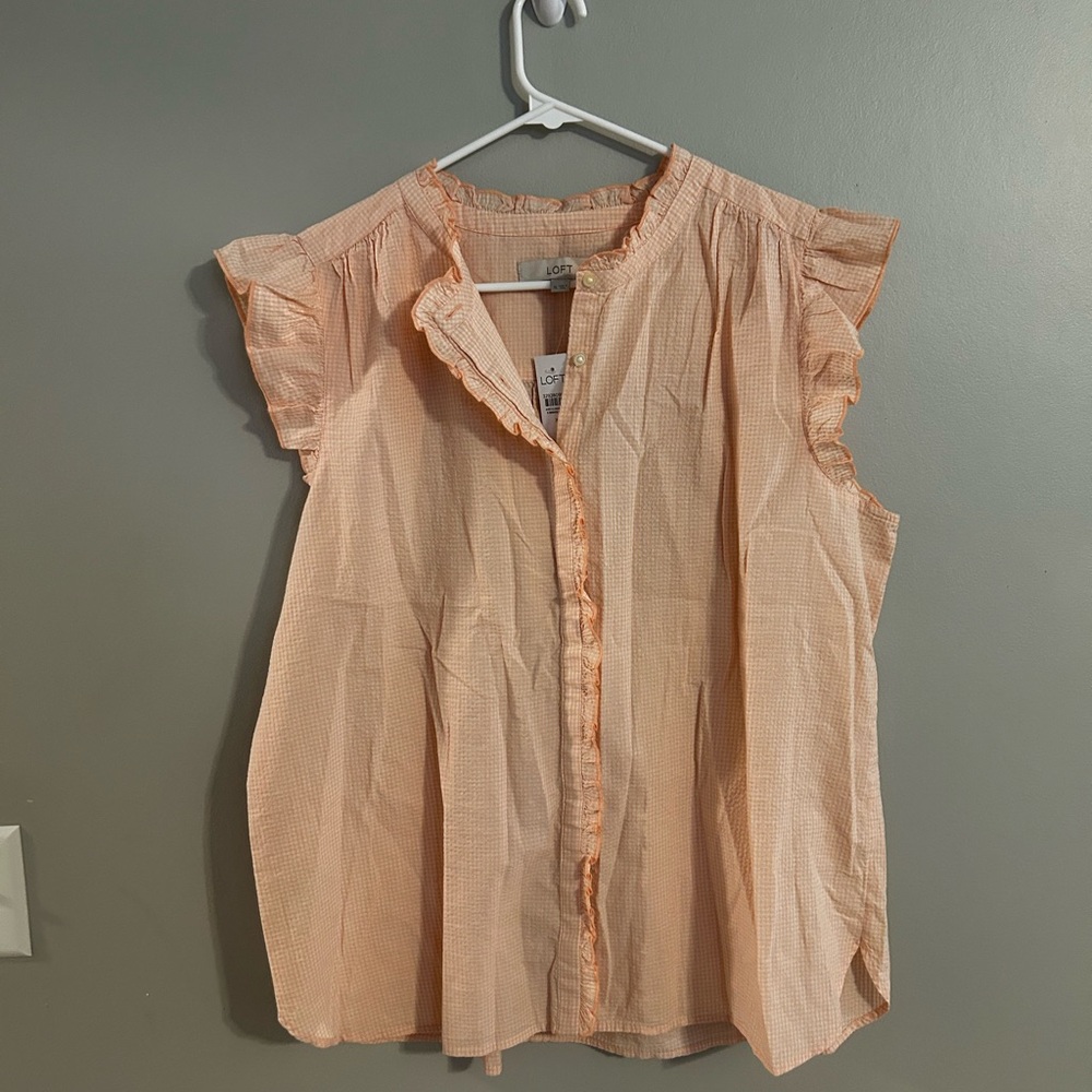 Ruffled Mandarin Collar Cap Sleeve Blouse in Peach